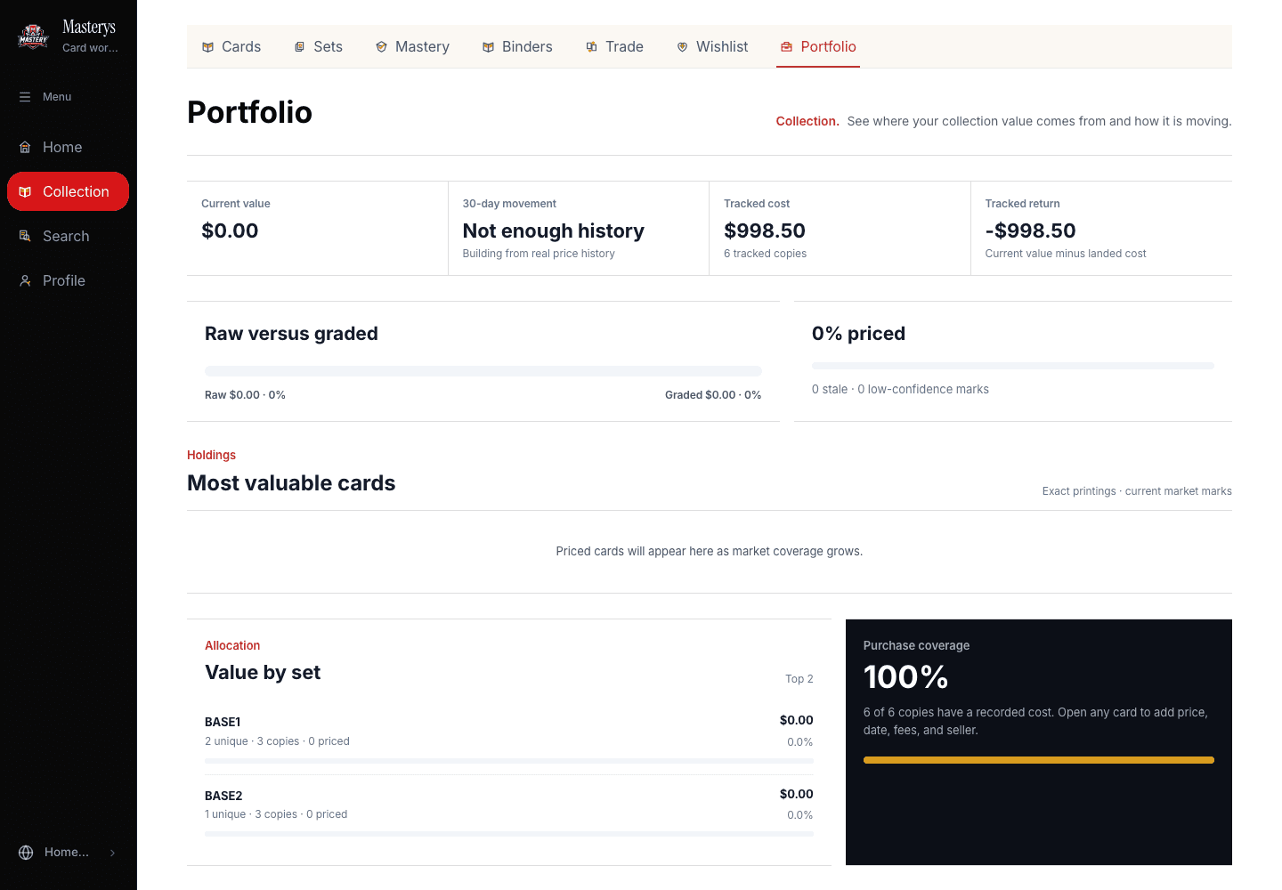A real Masterys portfolio showing collection value
